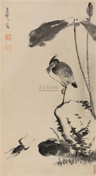 Lotus Leaves And Birds, Frogs And Rock Oil Painting by  Bada Shanren