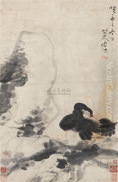 Bird And Rock Oil Painting by  Bada Shanren