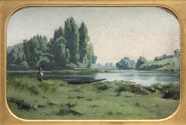 Bord De Riviere Anime Avec Barques Oil Painting by Jules Louis Badel