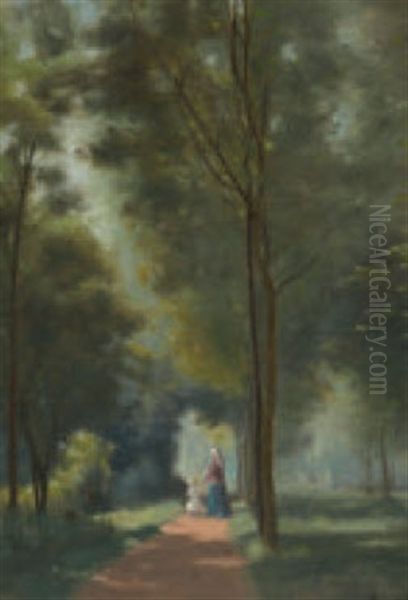 Baumgesaumter Weg Mit Frau Und Kind Oil Painting by Jules Louis Badel