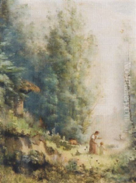 Baumbestandene Landschaft Mit Mutter Und Kind Oil Painting by Jules Louis Badel