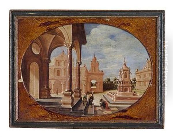 Palace Exterior With Baroque Architecture And Dignified Persons (+ Another, Similar; Pair) Oil Painting by Hans Jurriaensz van Baden