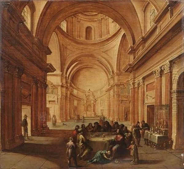 A Church Interior With Christ At Supper With Simon The Pharisee Oil Painting by Hans Jurriaensz van Baden