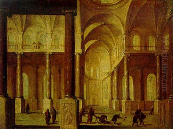 The Interior Of A Cathedral With Christ Driving Out The Moneylenders Oil Painting by Hans Jurriaensz van Baden