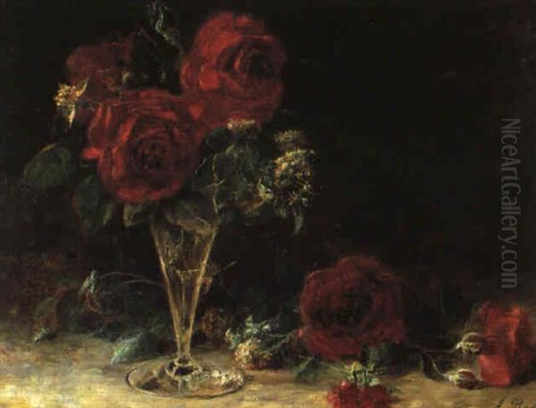 Rosen In Glasvase Oil Painting by Augustin Bader