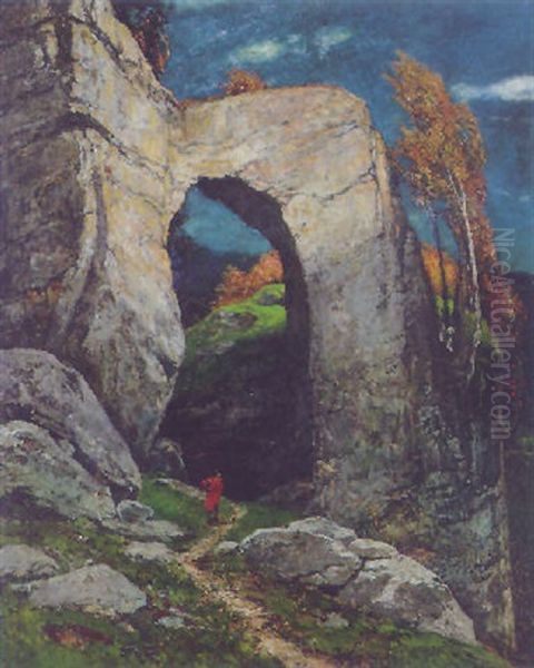 A Figure On A Rocky Path Oil Painting by Wilhelm Johann Bader