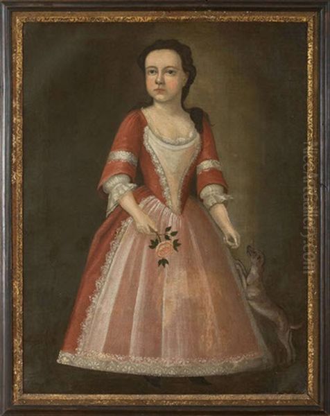 Portrait Of A Young Lady In Pink Dress With Her Dog And Holding A Rose Oil Painting by Joseph Badger