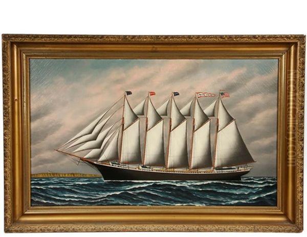 Ship's Portrait Of The Five Mast Wooden Hulled Schooner 'magnus Manson' Oil Painting by Solon Francis Montecello Badger