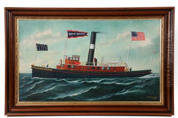 Portrait Of The Tugboat 'james Woolley' Oil Painting by Solon Francis Montecello Badger