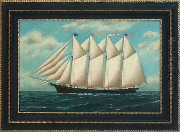 The Four-masted Black-hulled Schooner Estelle Phinney With A Coastal Lighthouse Off Her Bow Oil Painting by Solon Francis Montecello Badger