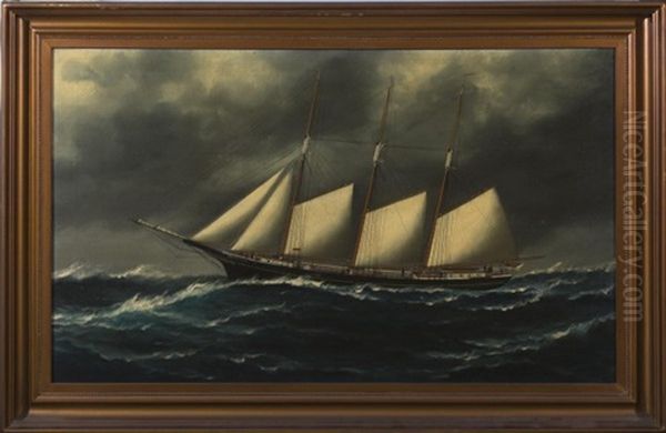 The Three-masted Schooner Van Name & King In Stormy Seas Oil Painting by Solon Francis Montecello Badger