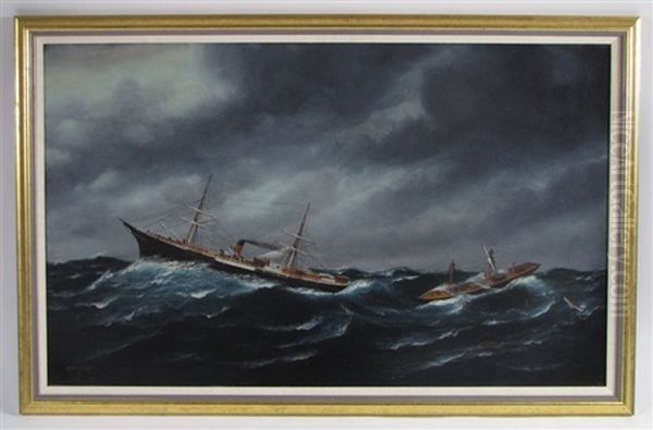 Untitled (two Ships Tossed On Rough Seas, One Breaking Up) by Solon Francis Montecello Badger