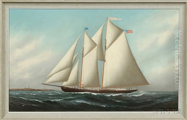 Portrait Of The Schooner Elmer E. Gray Off Cape Ann, Thacher Island, Light Station, Masaachusetts Oil Painting by Solon Francis Montecello Badger