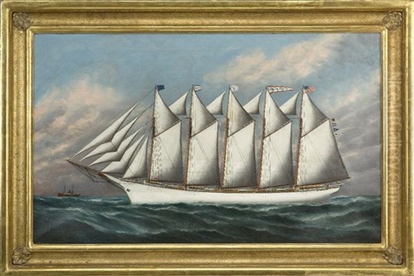 Portrait Of The Five Masted Schooner "fuller Palmer" Oil Painting by Solon Francis Montecello Badger