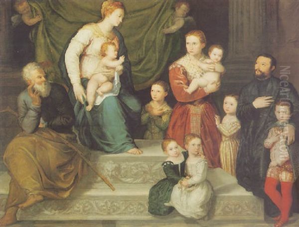 The Virgin And Child Enthroned With Saint Joseph, And A Donor Family With Six Children Oil Painting by Antonio Badile