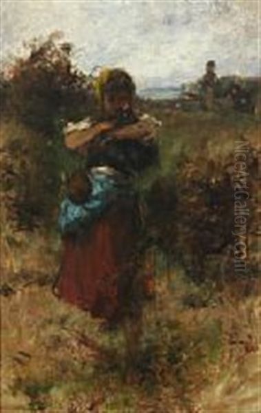 Peasant Girl Holding A Hen Oil Painting by Otto Baditz