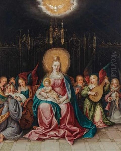 The Virgin And Child Enthroned In A Gothic Interior, With Musical Angels Oil Painting by Cornelis de Baellieur the Elder