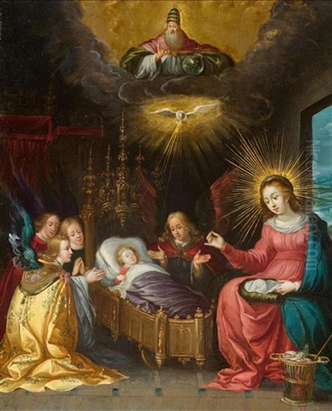 Madonna And Child With Angels And The Holy Ghost Oil Painting by Cornelis de Baellieur the Elder