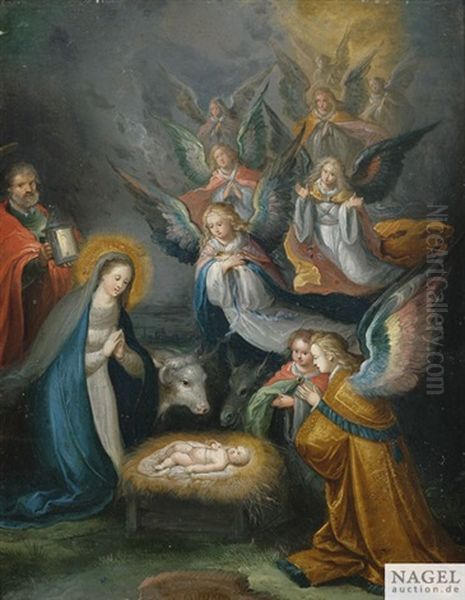 Die Heilige Familie Mit Engeln In Anbetung Des Kindes Oil Painting by Cornelis de Baellieur the Elder