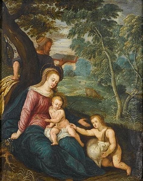 The Holy Family With Saint John The Baptist In A Landscape (+ The Virgin And Child Attended By Angels And The Holy Spirit, Various Sizes; Pair) Oil Painting by Cornelis de Baellieur the Elder