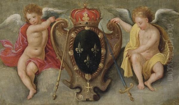 Two Putti Carrying The Royal Coat-of-arms Of France Oil Painting by Cornelis de Baellieur the Elder