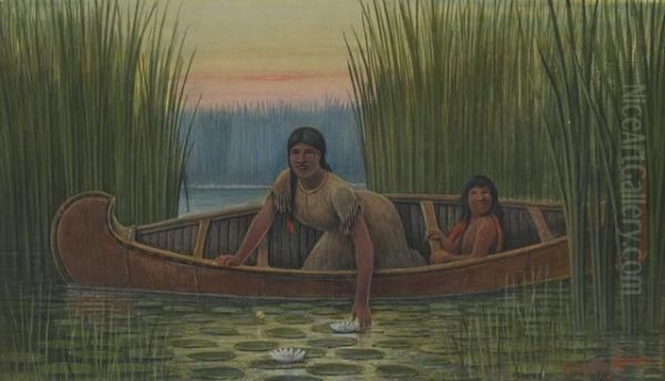 Indian Mother And Child In A Canoe Oil Painting by Cassily Adams