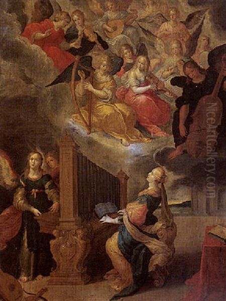 Saint Celilia Playing An Organ, An Orchestra Of Angels Above Oil Painting by Cornelis de Baellieur the Elder