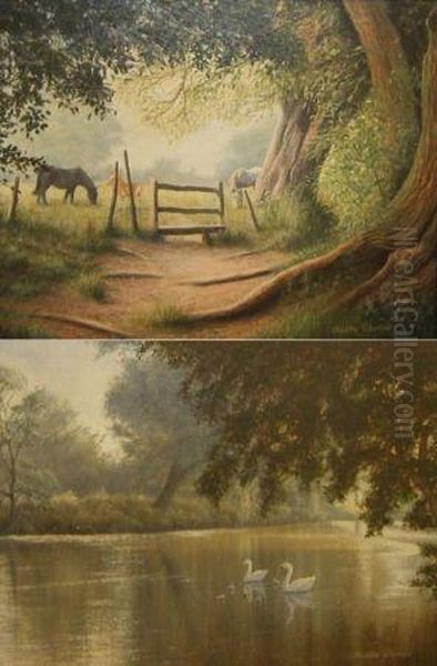 Stile Near Dedham Mill; And Swans On The Stour (see Inscriptions Verso) Oil Painting by Charles Francis Adams