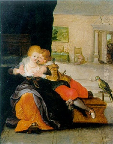 A Couple Embracing In An Interior Oil Painting by Cornelis de Baellieur the Elder