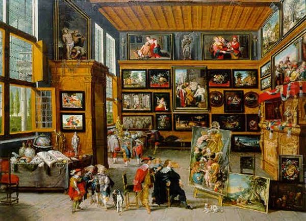 A Spacious Entrance Hall: The Walls Hung With Pictures, Collectors' Items On Tables, And An Artist Showing A Painting Oil Painting by Cornelis de Baellieur the Elder