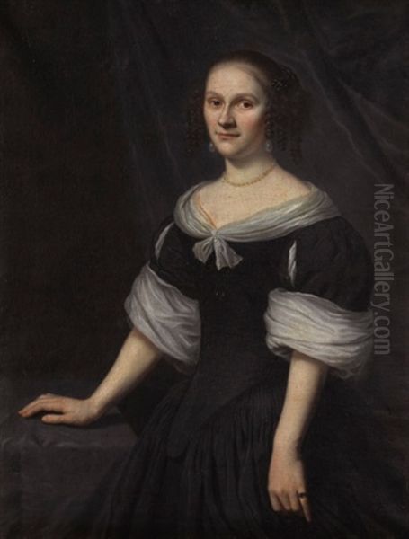 Portrait Of A Lady, Standing Three-quarter Length, Wearing A Black Dress And Pearls Oil Painting by Jan de Baen