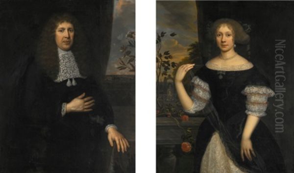 Portrait Of A Gentleman, Three-quarter-length, Wearing Black With A Lace Collar, A Landscape Beyond A Draped Curtain; Portrait Of A Lady, Three-quarter-length, Wearing A Black Dress With Lace, Pearl Earrings And Necklace, A Formal Garden Landscape Beyond Oil Painting by Jan de Baen