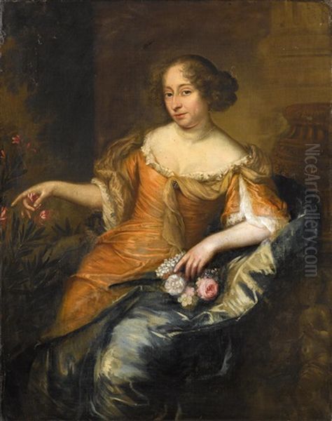 Portrait Of A Lady Holding A Wreath Of Flowers In One Of Her Hands Oil Painting by Jan de Baen