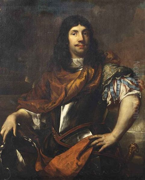 Portrait Of Cornelis Tromp (1629-1691), Three-quarter-length, In A Breastplate, His Right Hand Resting On His Coat-of-arms Oil Painting by Jan de Baen