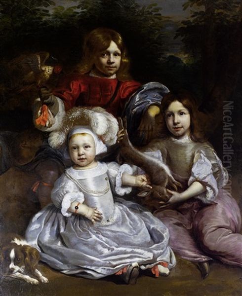 Portrait Of A Young Boy With A Falcon Standing Beside A Young Girl And A Younger Boy Holding A Hare, Both Seated In A Landscape Oil Painting by Jan de Baen