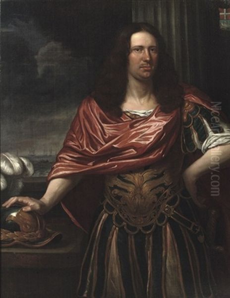 Portrait Of Engel De Ruyter, Three-quarter-length, Dressed As A Roman General In An Antique Costume With A Red Wrap, Standing Before A Curtain, His Right Hand Resting On His Helmet, A Seascape Beyond Oil Painting by Jan de Baen