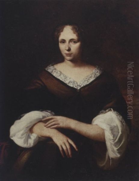 Portrait Of A Lady Wearing A Brown Silk Dress With A Lace Collar And A White Chemise, A Garden Beyond Oil Painting by Jan de Baen