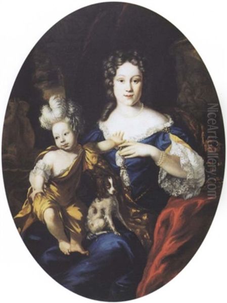 Dame De Qualite Assise, Son Enfant Et Son Petit Chien Sur Les Genoux Oil Painting by Jan de Baen