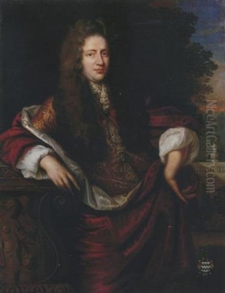 Portrait Of Jan Van Der Haer In A Gold Brocade Coat With A Red Cape, Leaning Against A Pedestal, A Garden Beyond Oil Painting by Jan de Baen