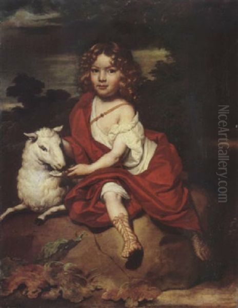 Portrait Of Young Boy With A Sheep, On A Rock, A Wooded Landscape Beyond Oil Painting by Jan de Baen