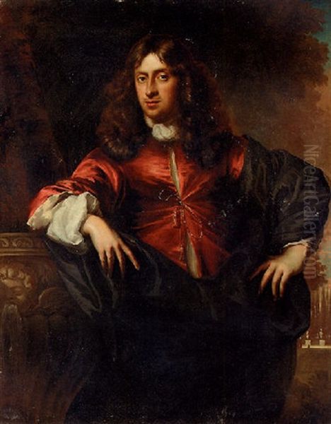 Portrait Of A Gentleman In A Red Silk Coat And Dark Blue Cloak, Leaning Against A Fountain, In An Ornamental Garden Oil Painting by Jan de Baen