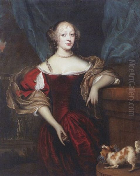 Portrait Of A Lady Wearing A Decollete Red Dress, Lace Chemise, Brocade Wrap And Pearls, With Her Right Hand Pointing To Her Dog Oil Painting by Jan de Baen