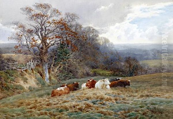 Autumn Landscape With Horse, Cart And Sheep On A Stone Bridge, And Another Of Cattle Seated Before A Landscape Oil Painting by Charles James Adams