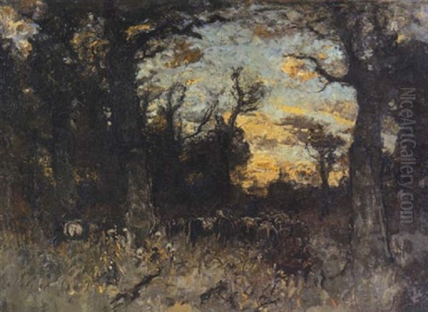 Viehherde Im Herbstwald Oil Painting by Fritz Baer