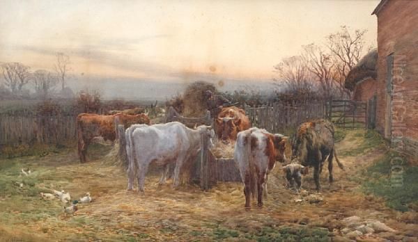 Feeding The Cattle At Sunset Oil Painting by Charles James Adams