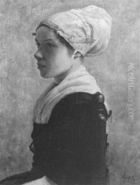 Portrait Of A Dutch Girl, Seated Wearing A White Cap Oil Painting by William Jacob Baer