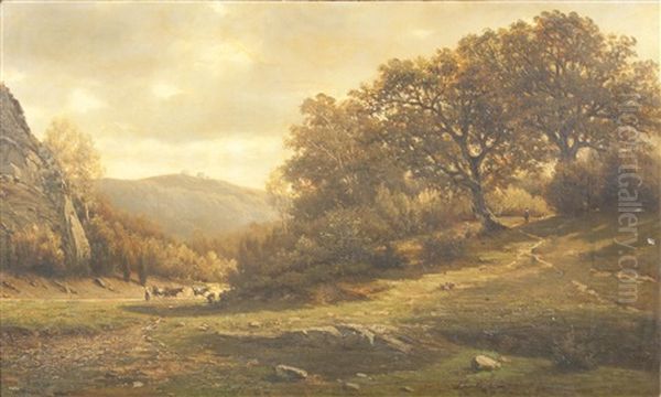 An Extensive Wooded Landscape With A Figure And Cattle On A Path Oil Painting by Felix de Baerdemaeker