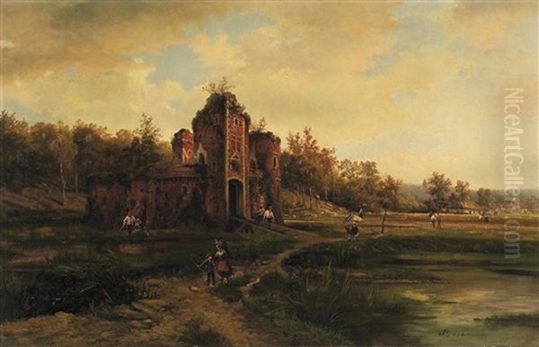 Flusslandschaft Mit Burgruine Und Figurenstaffage (mittig Ein Selbstportrat?) Oil Painting by Felix de Baerdemaeker