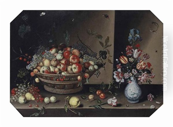 Fruit In A Basket And Flowers In A Delft Porcelain Vase, On A Ledge Oil Painting by Johannes Baers