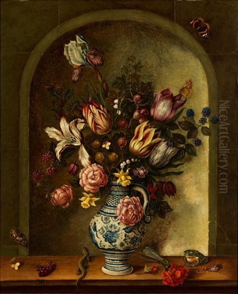 Blumenstillleben In Gemalter Mauernische Oil Painting by Johannes Baers